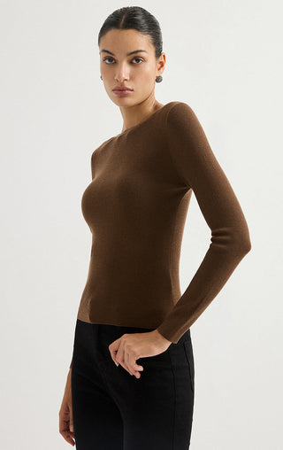 Coffee fine-rib long-sleeve knit top, side view with fitted silhouette