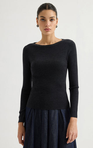 Crew Neck Ribbed Wool Knit Top