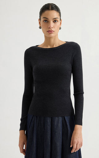 Black fine-rib long-sleeve knit top with crew neckline and slightly flared hem