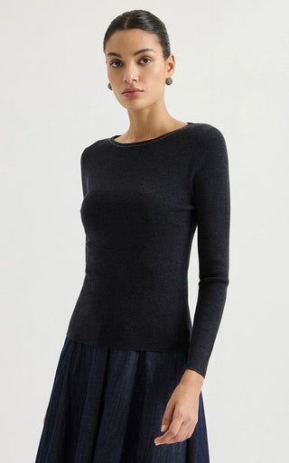 Crew Neck Ribbed Wool Knit Top