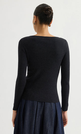 Crew Neck Ribbed Wool Knit Top