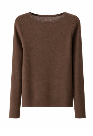 Fine-rib wool knit long-sleeve top, dark brown, crew neck with ribbed trim