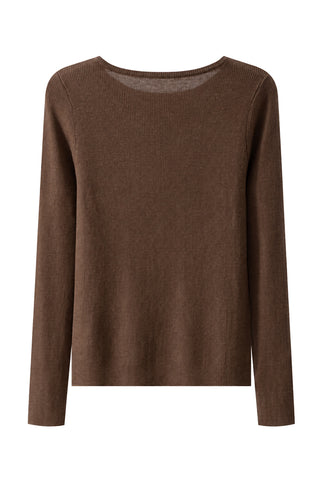 Fine-rib wool knit long-sleeve top, coffee brown, crew neck with ribbed trim