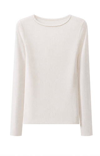 Fine-rib wool knit long-sleeve top, white, crew neck with ribbed trim