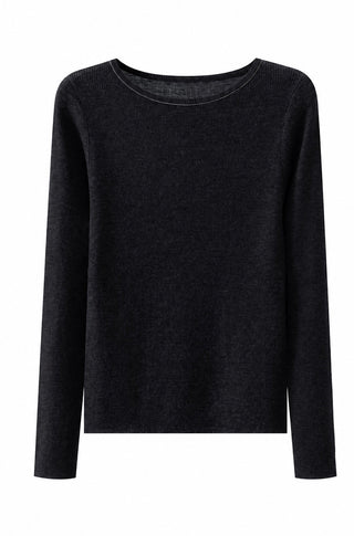 Fine-rib wool knit long-sleeve top, black, crew neck with ribbed trim
