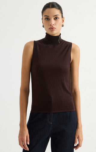 Wool Blend Sleeveless Mock-Neck Metallic Knit Top