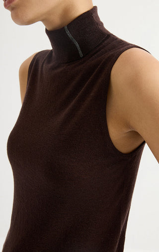 Wool Blend Sleeveless Mock-Neck Metallic Knit Top