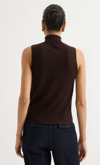 Wool Blend Sleeveless Mock-Neck Metallic Knit Top