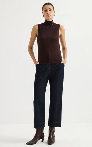 Wool Blend Sleeveless Mock-Neck Metallic Knit Top