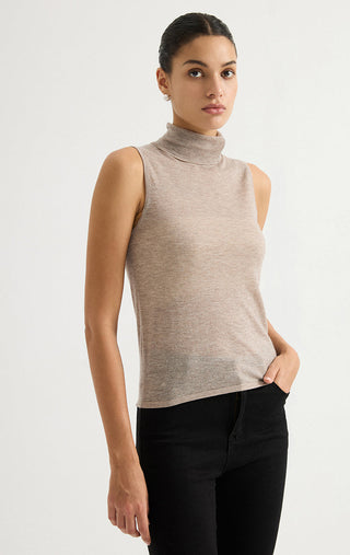 Wool Blend Sleeveless Mock-Neck Metallic Knit Top