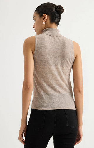 Wool Blend Sleeveless Mock-Neck Metallic Knit Top