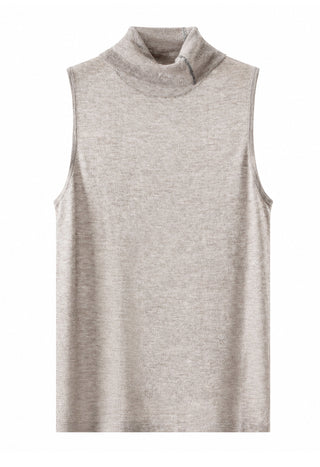 Pale taupe sleeveless mock-neck metallic knit top