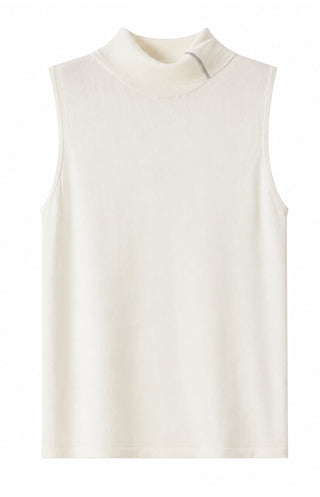 Ivory white sleeveless mock-neck metallic knit top