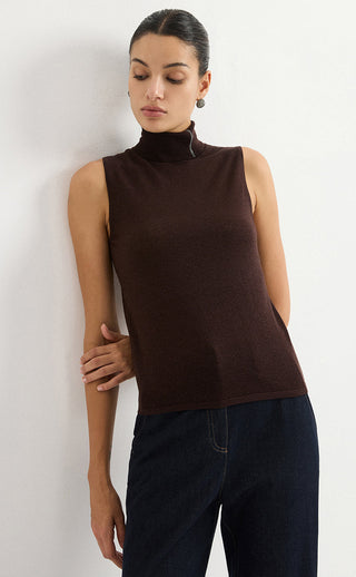 Wool Blend Sleeveless Mock-Neck Metallic Knit Top