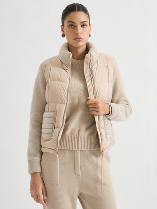 Wool Knit-Sleeve Down Jacket – Beige – open front view