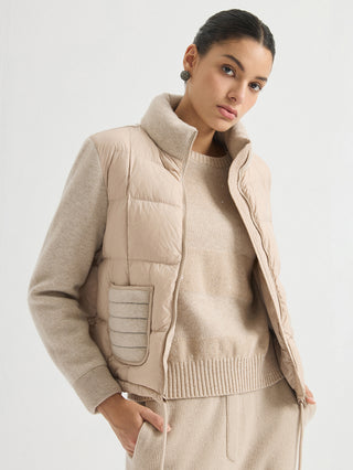 Wool Knit-Sleeve Down Jacket – Beige – three-quarter model view