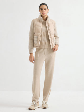 Wool Knit-Sleeve Down Jacket – Beige – full-length model view