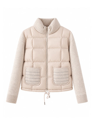 Wool Knit-Sleeve Down Jacket – Beige – front product view
