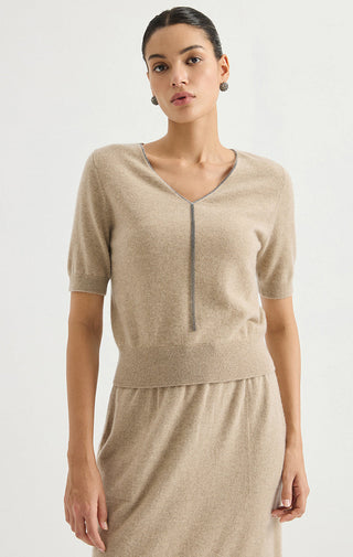 Short-Sleeve V-Neck Cashmere Knit Top
