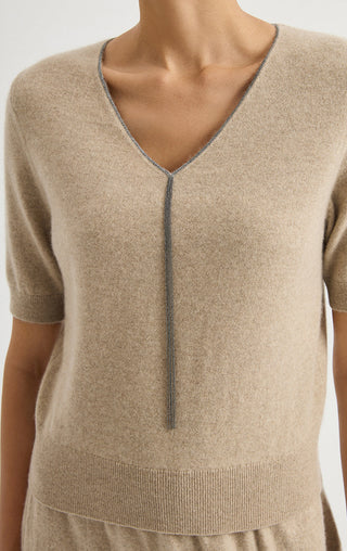 Short-Sleeve V-Neck Cashmere Knit Top