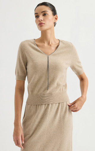 Short-Sleeve V-Neck Cashmere Knit Top