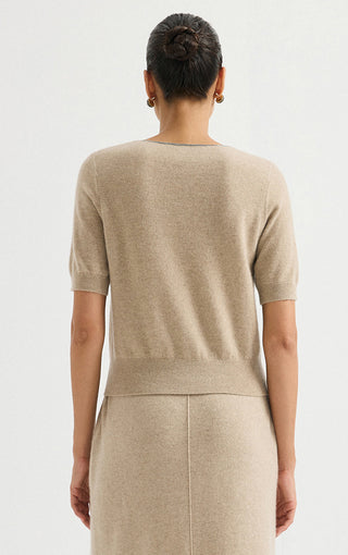 Short-Sleeve V-Neck Cashmere Knit Top