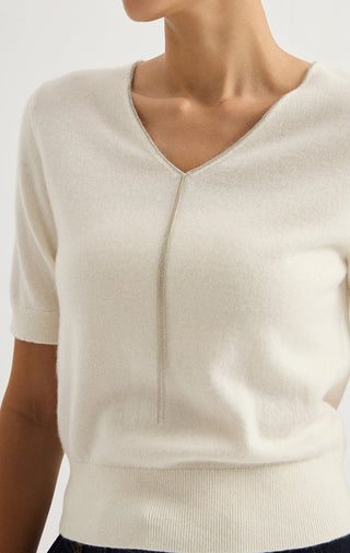 Short-Sleeve V-Neck Cashmere Knit Top