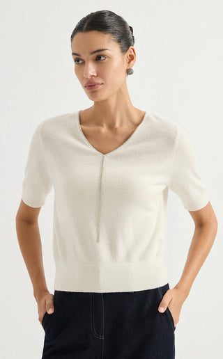 Short-Sleeve V-Neck Cashmere Knit Top