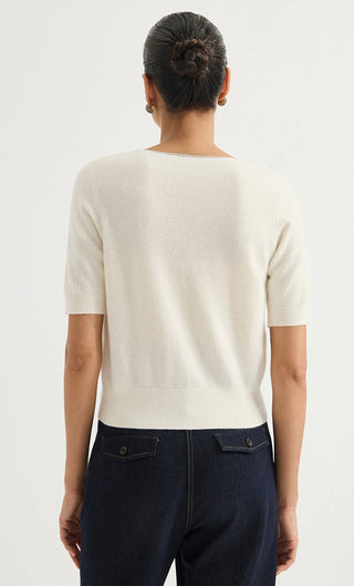 Short-Sleeve V-Neck Cashmere Knit Top