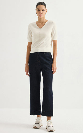 Short-Sleeve V-Neck Cashmere Knit Top
