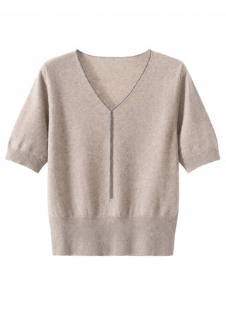 Khaki short-sleeve V-neck cashmere knit top with slim front placket