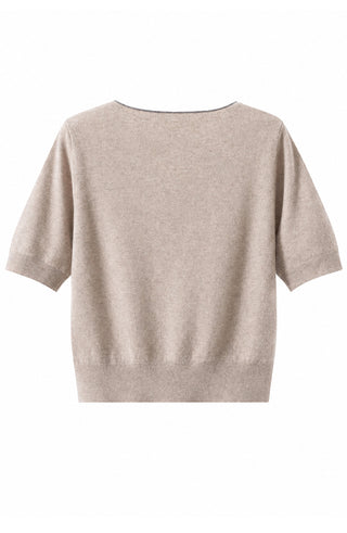 Khaki short-sleeve cashmere knit top, back view with smooth neckline