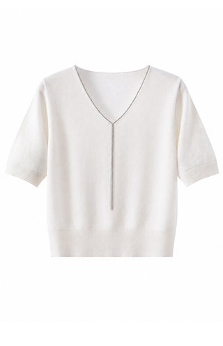 Short-Sleeve V-Neck Cashmere Knit Top