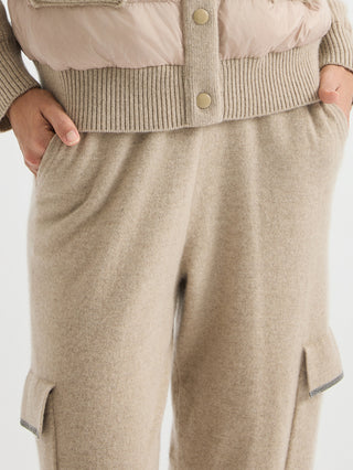 Cashmere Cargo Jogger Pants – Taupe – waistband and side pocket detail
