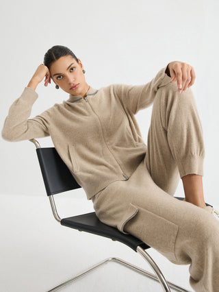 Cashmere Cargo Jogger Pants – Taupe – seated model view