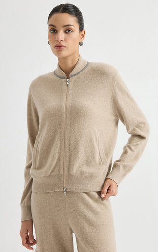 Camel cashmere zip-front knit jacket with stand collar and front pockets