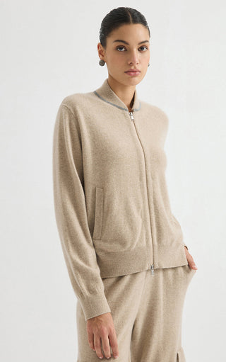 Camel cashmere zip-front knit jacket with two front pockets and ribbed hem