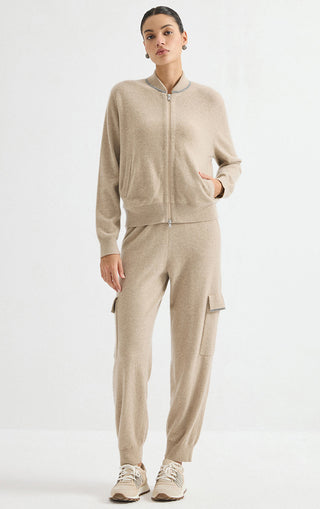Camel cashmere zip-front knit jacket paired with matching pants
