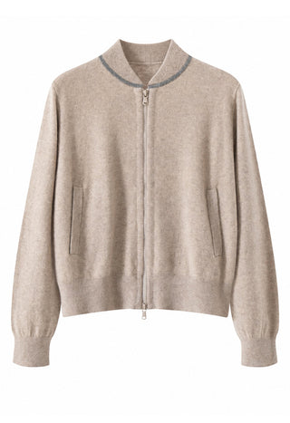 Camel zip-front knit jacket on hanger with stand collar and side pockets
