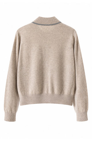 Camel zip-front knit jacket back view on hanger with ribbed cuffs