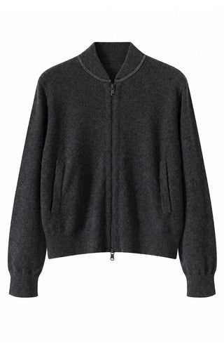 Black zip-front cashmere knit jacket with stand collar and zipper