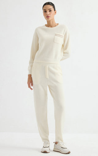 Ivory wool ribbed pocket sweater with crew neck, ribbed cuffs, and striped chest pocket