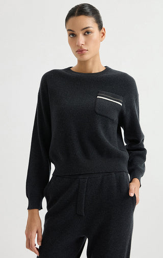 Black wool ribbed crewneck sweater with chest pocket and striped trim