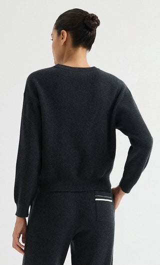 Black wool ribbed crewneck sweater, back view with ribbed hem and ribbed sleeves