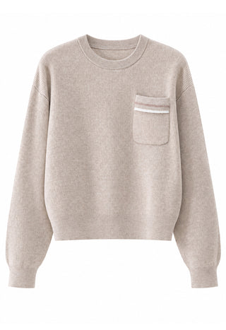 Wool ribbed pocket sweater in off-white, crewneck and chest pocket with striped trim