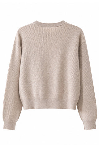 Wool ribbed pocket sweater, off-white back view with crewneck and ribbed knit