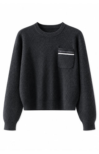 Wool ribbed pocket sweater in dark charcoal, crewneck and chest pocket with striped trim