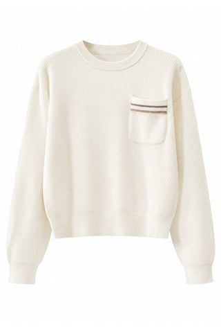 Wool ribbed pocket sweater in off-white, long sleeves and chest pocket with striped trim