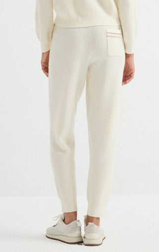 Ivory wool ribbed knit jogger pants with side pocket and drawstring waist