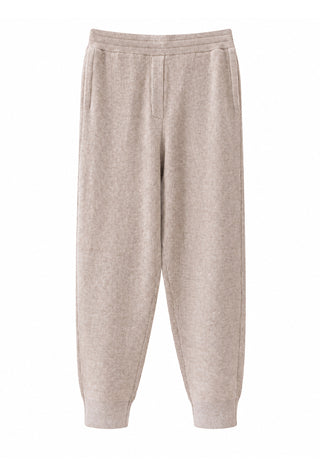 Camel wool ribbed knit jogger pants with elastic waistband and cuffed hem